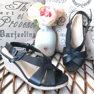 Lands' End leather espadrilles wedge sandals  black strappy heels y2k